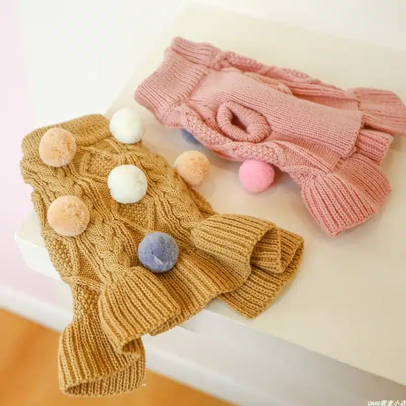 1PC Pet Apparel Dog Autumn and Winter Thickened Warm Pink Coffee Ball Knit Pullover Sweater Dress For Small Medium Dogs 1