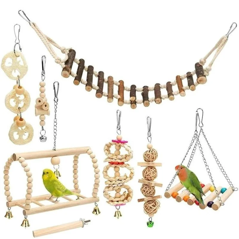 8PCS Set Combination Parrot Bird Toys Wood Articles Bite Pet Bird Toys For Parrot Training Bird Toy Swing Ball Bell Standing 1