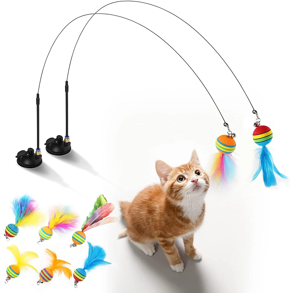 Cat Toys Interactive Funny Cat Feather Wand Suction Cup Ball Feathers Replacements with Bells for Indoor Cats Kitten Exercise 1