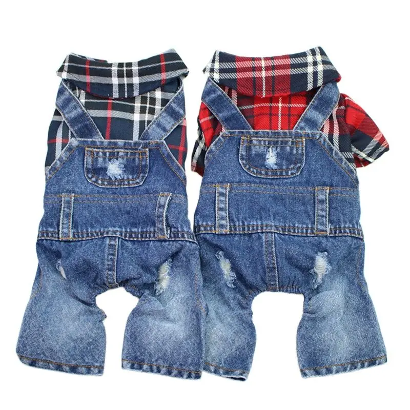 Dog Cat Denim Plaid Jumpsuit Hoodie Pet Puppy Jean Jacket Spring/Autumn Clothes Apparel 4 Colours 1