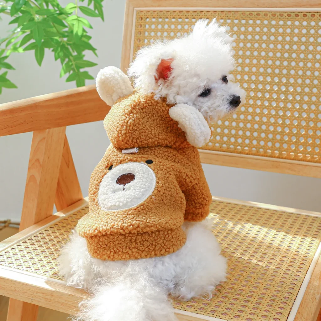 1PC Pet Apparel Cat Autumn Winter Plush Thickened Warm Little Bear Head Coat Hoodie With Drawstring Buckle For Small Medium Dogs 1