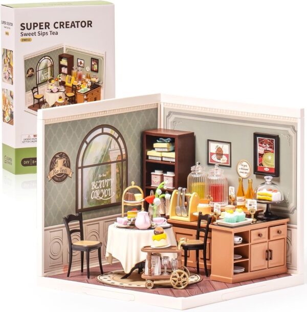 ROBOTIME DIY Miniature House Kit, Tea House Dollhouse Model Building Craft Kit With LED For Adults And Kids, Birthday Gift DW011 - Image 8