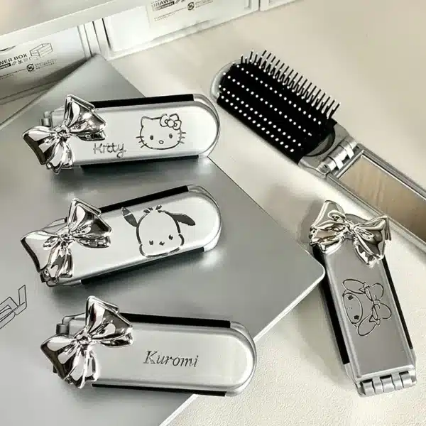 1 piece of Hello Kitty Sanrio Folding Hair Comb, Hair Style and Mirror Cinnamoroll Anime Portable Travel Comb Tool 2