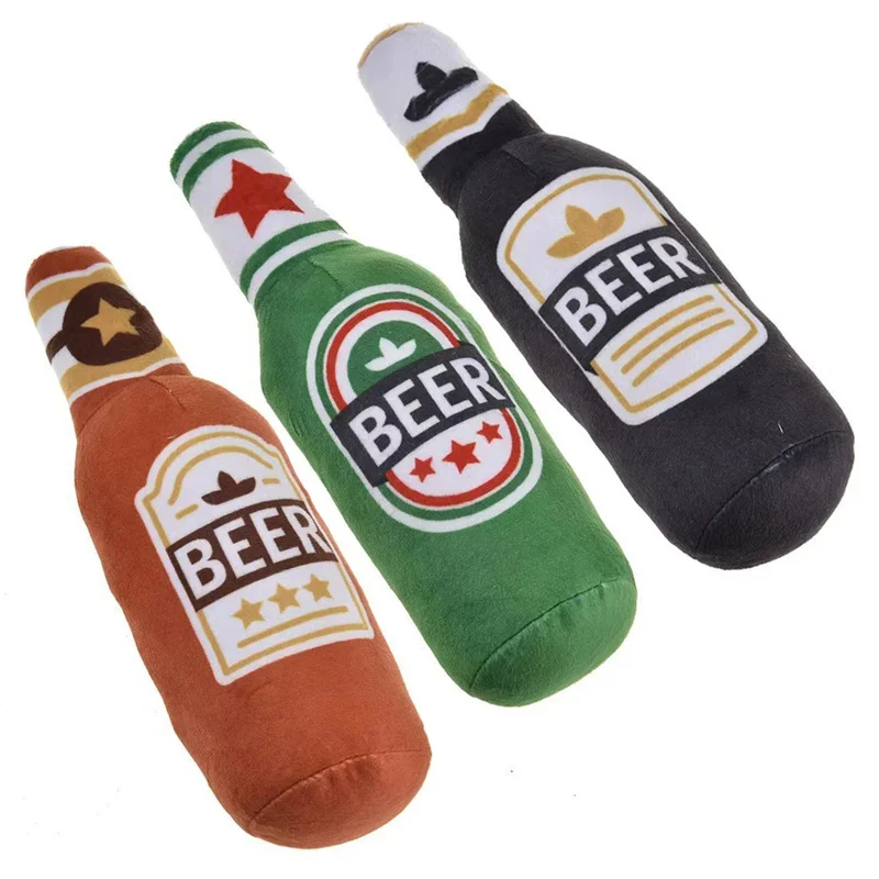 Dog Plush Toys Pet Squeaky Printed Beer Bottle Shape Toy Dog Bite-Resistant Clean Teeth Chew Toy Pet Supplies Interactive Toys 1