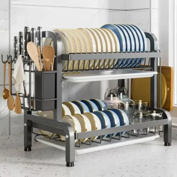 2 Tier Cutting Board Holder With Drainboard Utensil Holder ray Box Basket For Small Kitchen Countertop Dish Rack Organizer 4