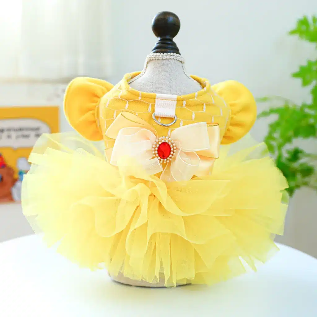 1PC Pet Apparel Dog Autumn and Winter Yellow Flying Sleeve Bow Princess Dress With Drawstring Buckle For Small Medium Dogs 1