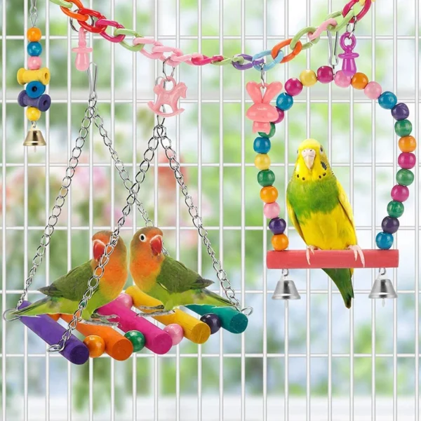 Bird Cage Toys for Parrots Wood Birds Swing Reliable Chewable Bite Bridge Wooden Beads Shape Parrot Toy 11pcs Bird Toys 4