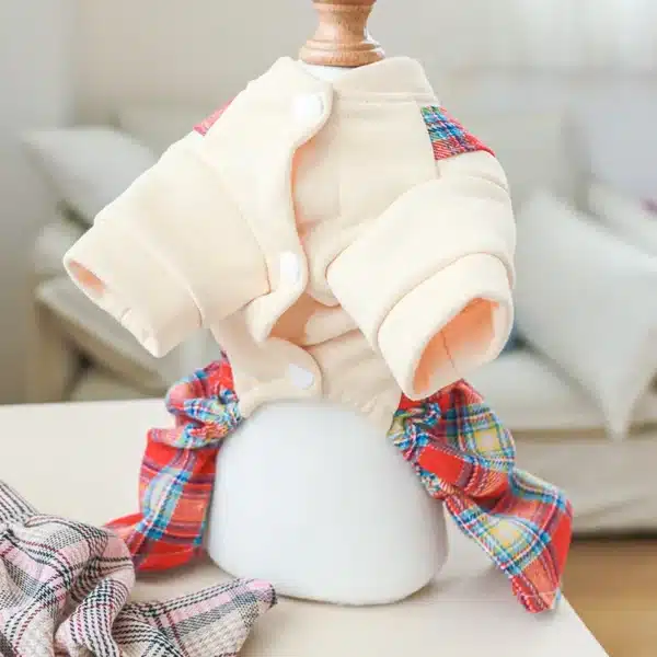 Pet Dog Cat Clothes Spring Jumpsuits White Plaid Button Overal Puppy Cute Print Skirt Casual Knot Coat For Small Dog Pet Apparel 3