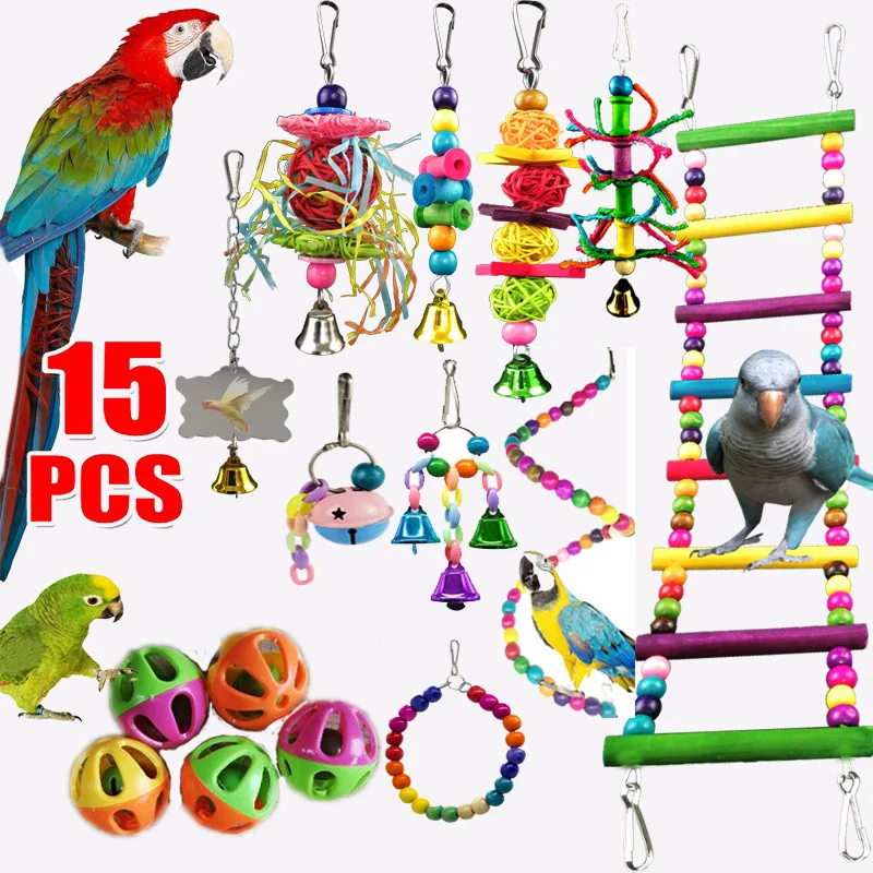 Combination Bird Toys Set Swing Chewing Training Toys Small Parrot Hanging Hammock Parrot Cage Bell Perch Toys with Ladder Toys 1