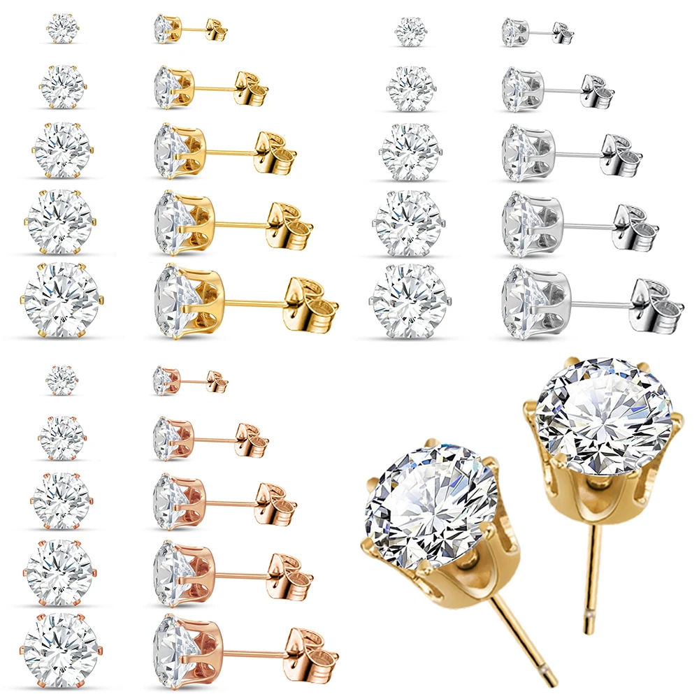 10PCs Shiny CZ Cubic Zirconia Paved Stud Earrings Set for Women Men Unisex Gold Color Alloy Simple Fashion Party Earring Jewelry 1