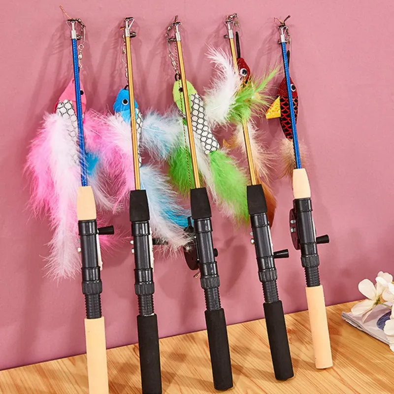 Retractable Cat Toy Fish Type Telescopic Feathers Funny Cat Stick Toys Pet Toy for Kitten Cat Rods Simulation Fishing Rod 1