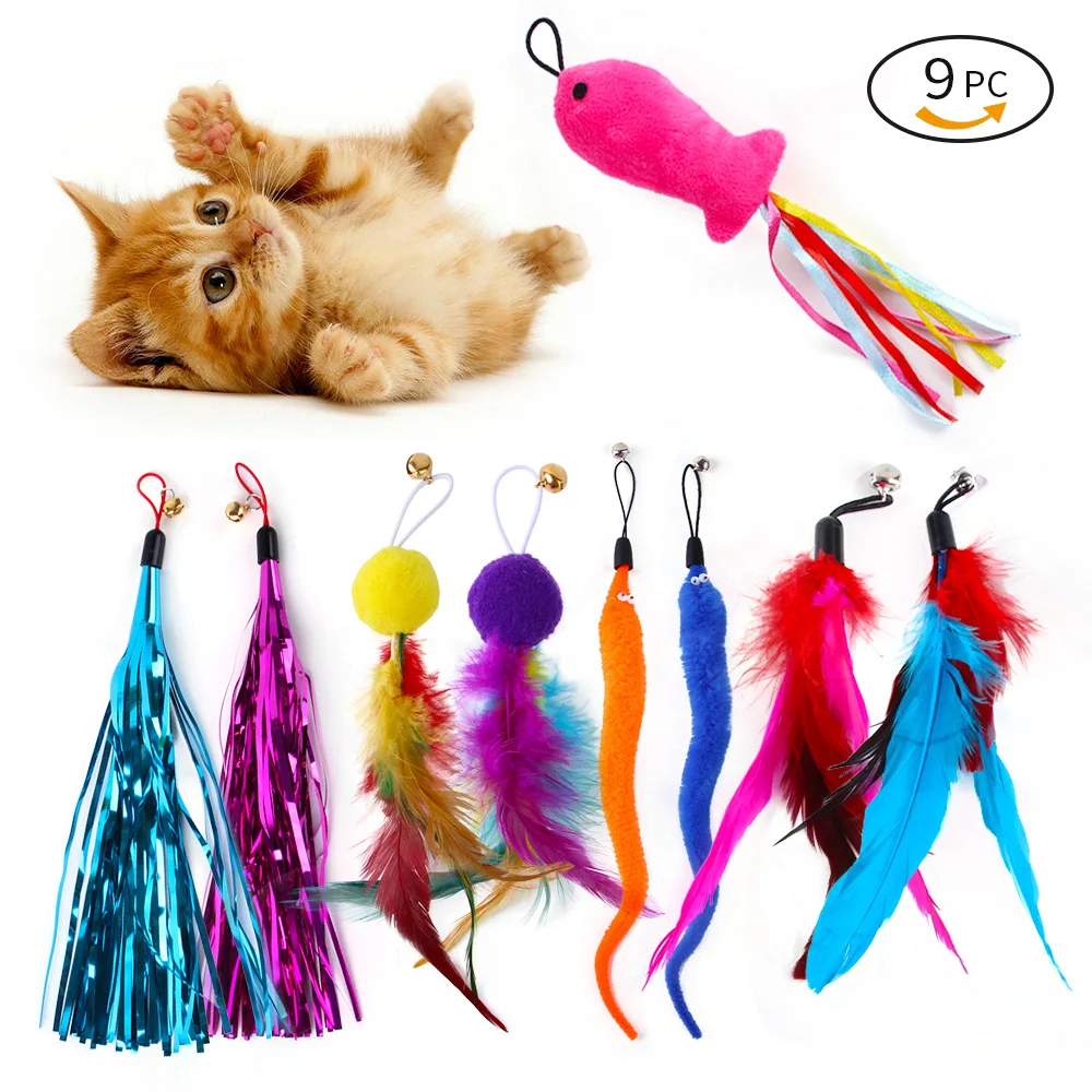 9 Pack Colorful Feather Replacement Head Funny Cat Stick Tassel Feather Feather Fishing Rod Cat Toy Set Cat Toys Interactive 1