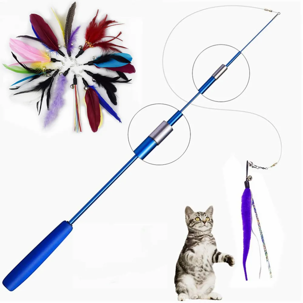 Interactive Cat Feather Toy Feather Teaser Stick Wand Pet Retractable Feather Bell Refill Replacement Catcher Product for Kitten 1