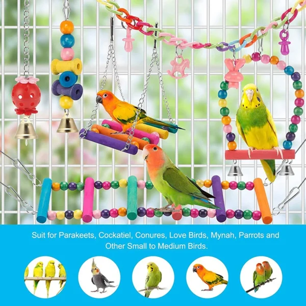 Bird Cage Toys for Parrots Wood Birds Swing Reliable Chewable Bite Bridge Wooden Beads Shape Parrot Toy 11pcs Bird Toys 3