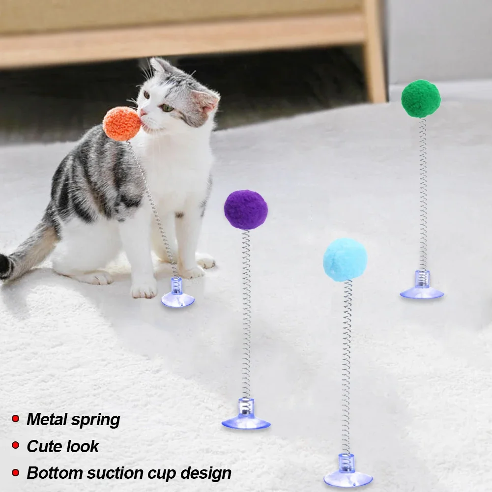 1pc Fur Ball Spring Cat Toy Suction Cup Multicolored Teaser Wand Pet Interactive Toys Cat Scratcher Toys Supplies Random Color 1