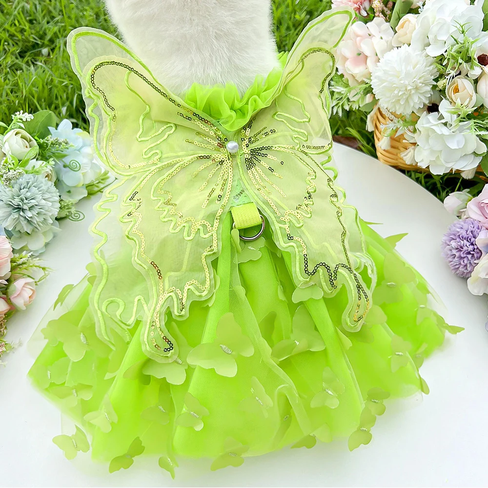 Sequin Mesh Lace Thin Pet Apparel Dog Cat Green Butterfly Dresses Pet Butterfly Princess Dress Big Butterfly Small Dogs Dress 1