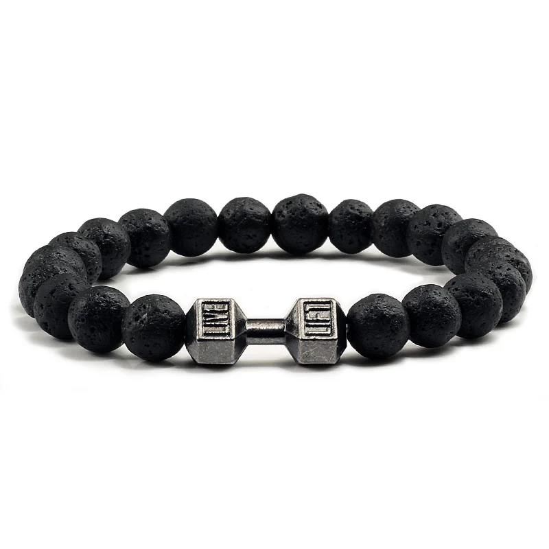 Natural Volcanic Stone Bracelet Men Matte Black Lave White Beads Charm Dumbbell Strand Bracelets Women Barbell Fitness Jewelry 1