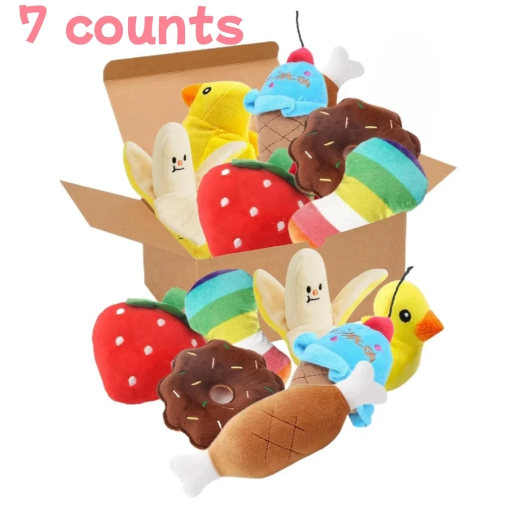 A 7-piece set of puppy sound toys, loose plush pet chewing, plush fruit snacks and vegetable puppy toys, suitable for cute playm 1