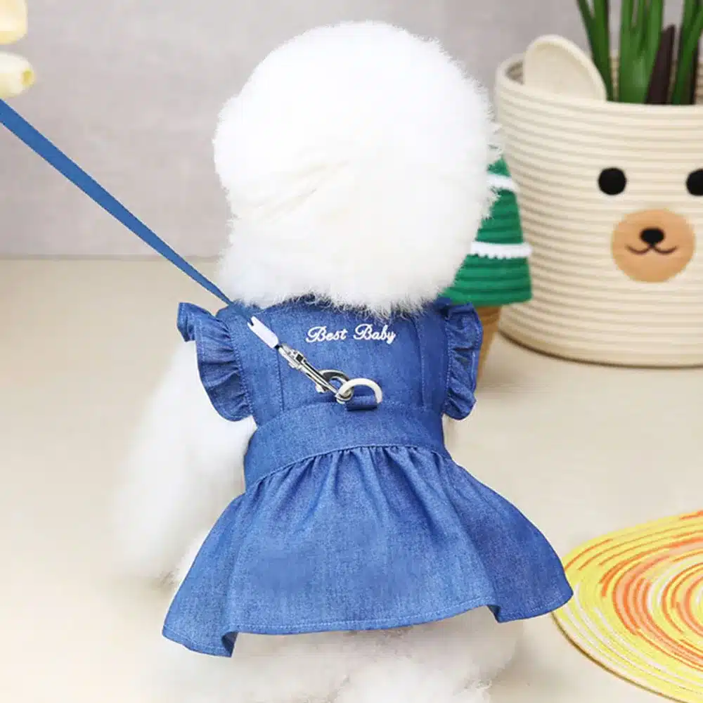 Small Dog Thin Denim Blue Dress for Small Dogs Cute Princess Dog Skirt Puppy Girl Clothes with Leash Ring Summer Pet Cat Apparel 1