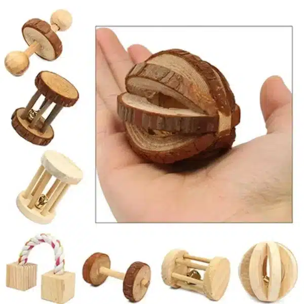 Cute Rabbit Roller Toys Natural Wooden Pine Dumbells Unicycle Bell Chew Toys for Guinea Pigs Rat Small Pet Molars Supplies 2