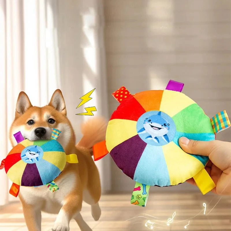 Funny Rainbow Plush Flying Saucer Dog Toys Outdoor Interactive Training Games Chew Toy Pets Flying Discs Toys with Bells 1