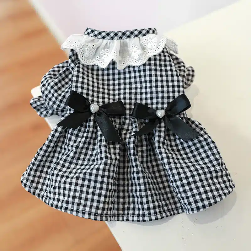 1PC Pet Apparel Dog Spring/Summer Dark Blue White Plaid Princess Dress Pearl Bow Lace Short Skirt For Small Medium Dogs 1