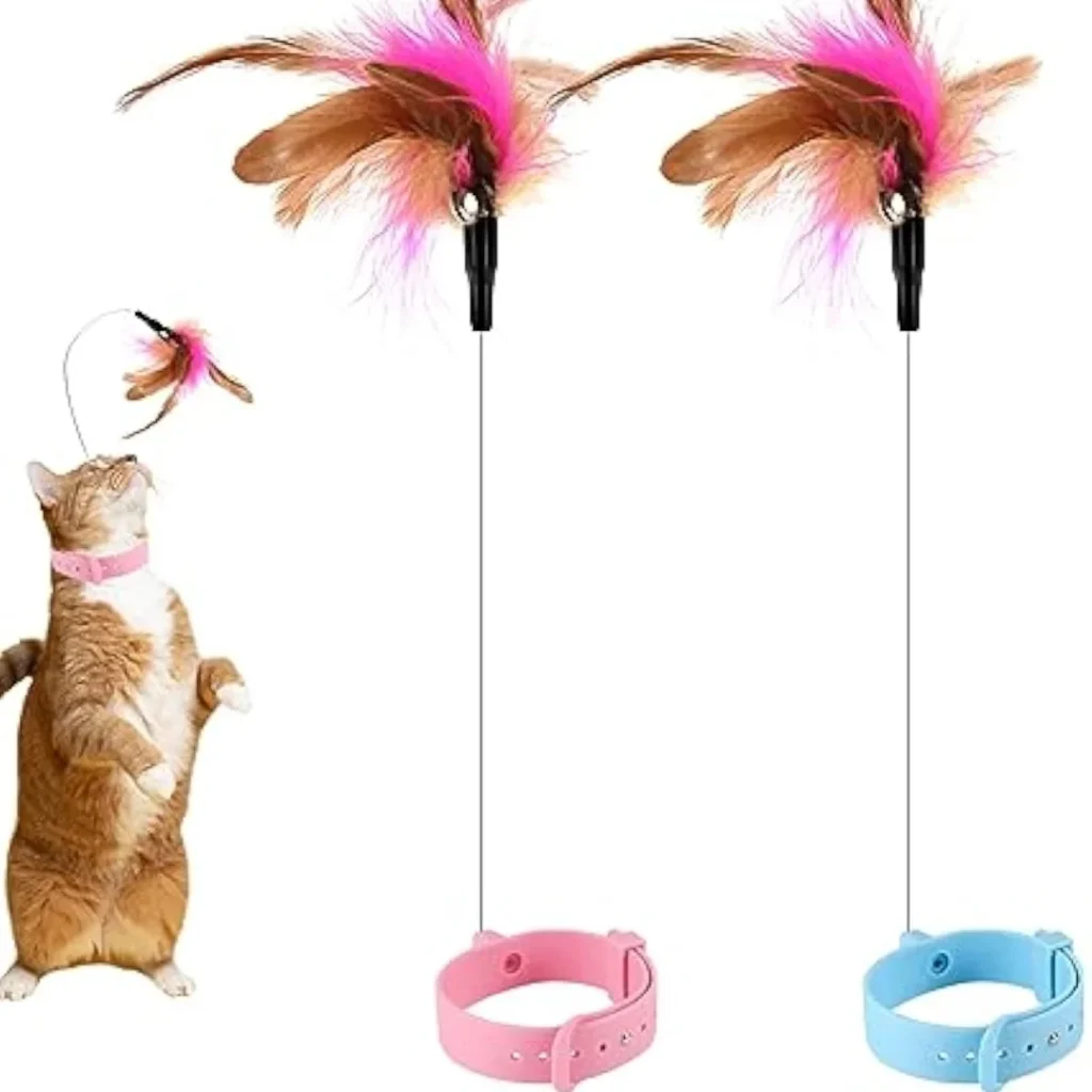 Cat Collar Toy Attached, Silicone Cat Teasing Wand Adjustable Cat Feather Collar Toys with Bell Cat Interactive Teaser Toys 1