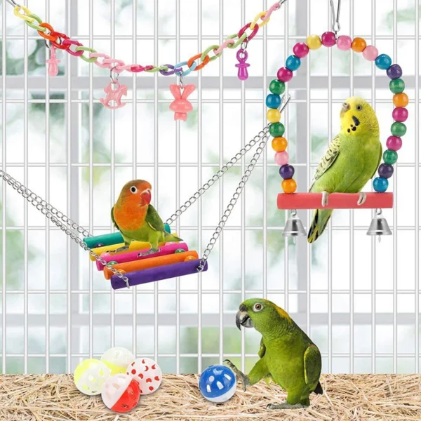 Bird Cage Toys for Parrots Wood Birds Swing Reliable Chewable Bite Bridge Wooden Beads Shape Parrot Toy 11pcs Bird Toys 6