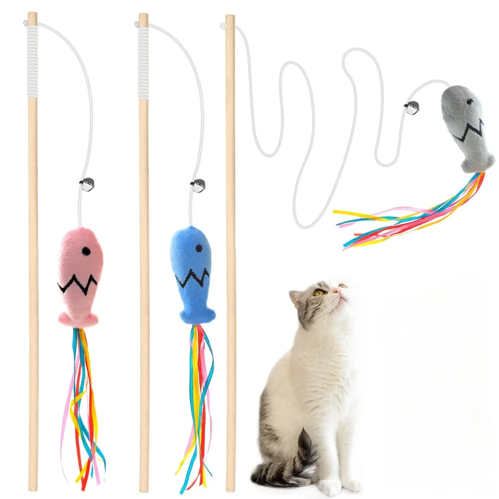 Fashion Cat Wand Toy, Natural Wooden Cat Teaser Wand for Cat, Interactive Elastic String Cat Stick Pole Toy for Indoor Cats 1