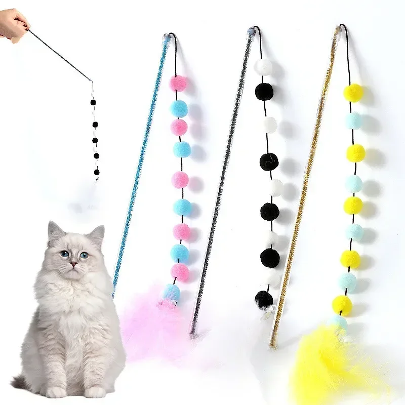 2pcs Feather Cat Toys Interactive for Cats Teasing Durable Kitten Playing Stick Cute Multicolour Plush Ball Supplies Pet Product 1