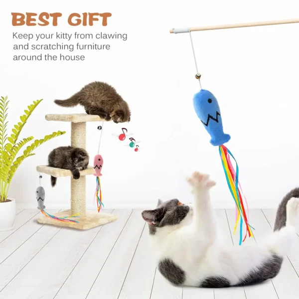 Fashion Cat Wand Toy, Natural Wooden Cat Teaser Wand for Cat, Interactive Elastic String Cat Stick Pole Toy for Indoor Cats 4