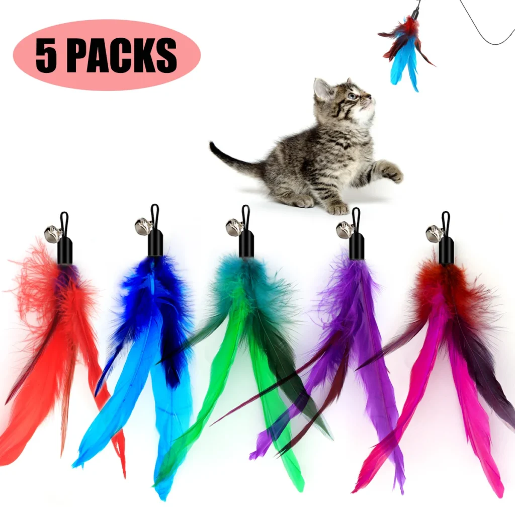 5Pcs Cat Feather Toys Interactive Toys Teaser Refill Replacement Feather with Bell for Kitty Kitten Scratching Exercise Indoor 1