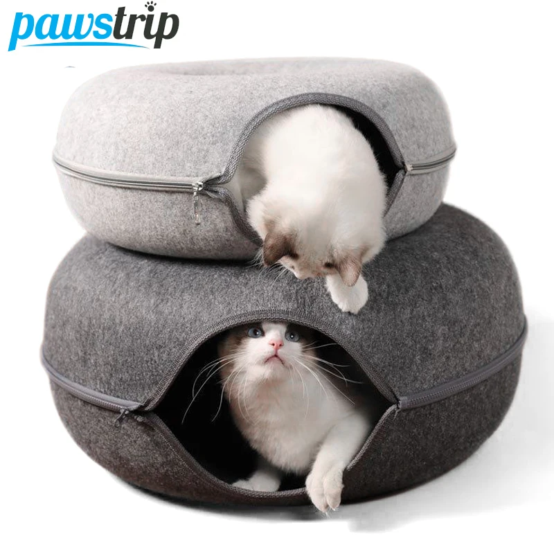 Donut Cat Bed for 2 Cats Pet Cat Tunnel Toys Kitten House Basket Interactive Play Toys for Cats Natural Felt Rabbit Cave Nest 1