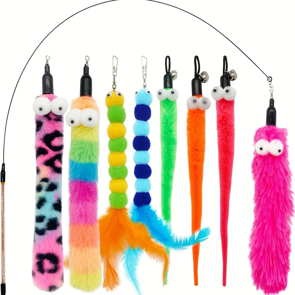 9 PCS Cat Wand Toy Cat Feather Toys Interactive Cat Toys Worm for Indoor Cats 1