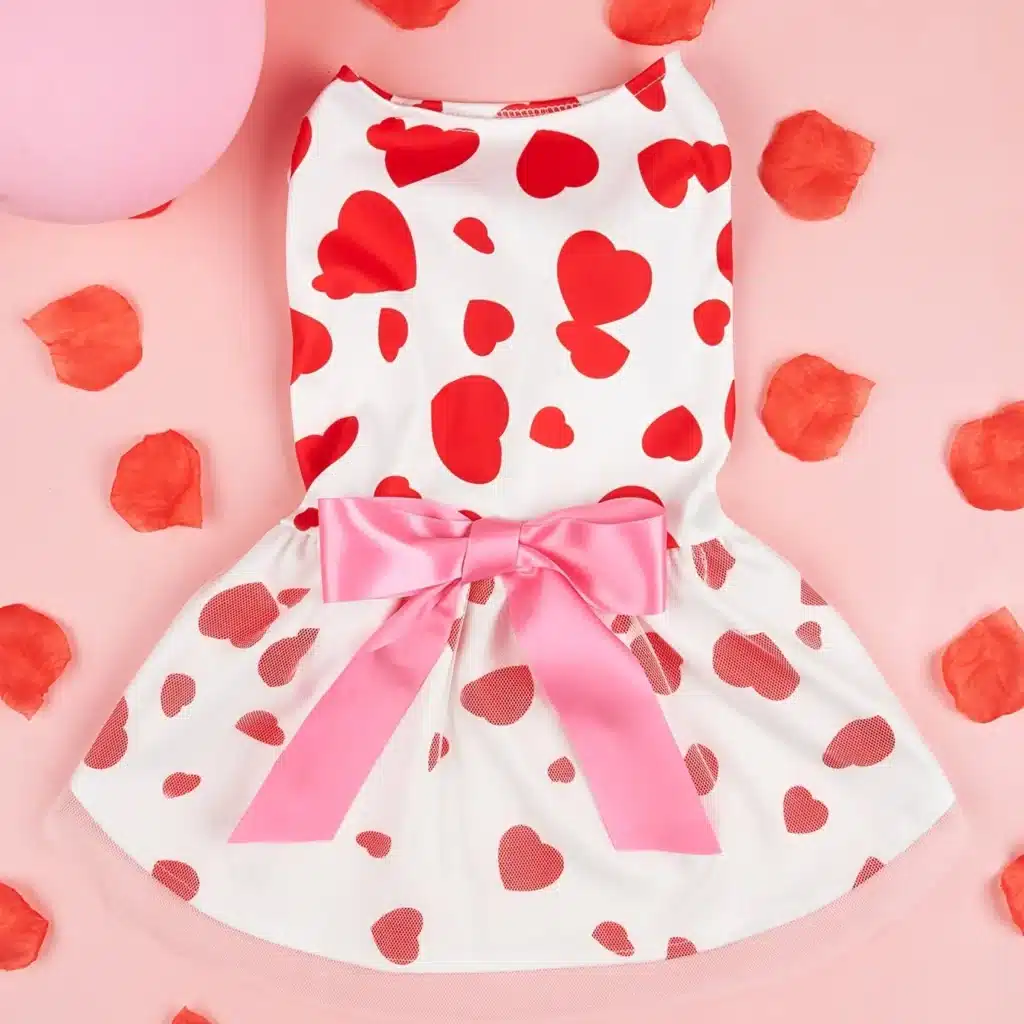 Dog Dress Girl Dog Sleeveless  Clothes  Heart Printed Pet Apparel Doggie Pink Bowknot Tulle Cat Clothing Puppy Dresses Doggy 1