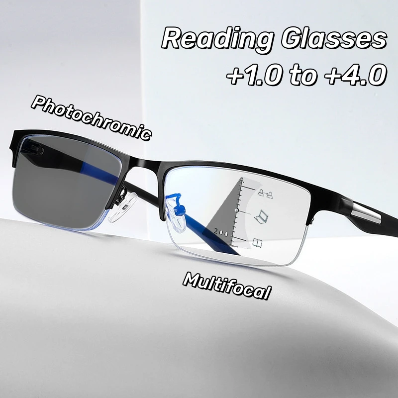 Progressive Multifocal Photochromic Reading Glasses Anti-blue Light Far Sight Glasses Men Half Frame Business Presbyopia Glasses 1