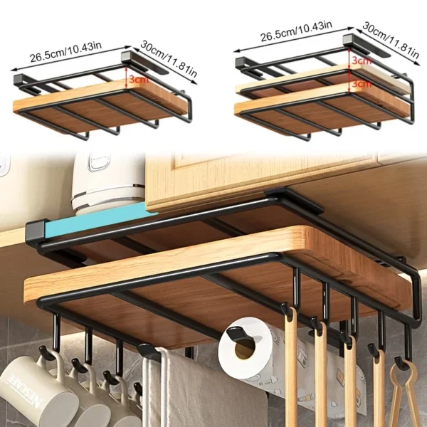 Kitchen Hanging Organizer Rack with Hooks Under Cupboard Paper Towel Rags Hanger Cutting Board Pot Cover Holder Storage Shelf 6