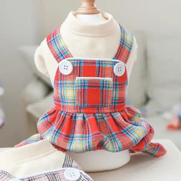 Pet Dog Cat Clothes Spring Jumpsuits White Plaid Button Overal Puppy Cute Print Skirt Casual Knot Coat For Small Dog Pet Apparel 2