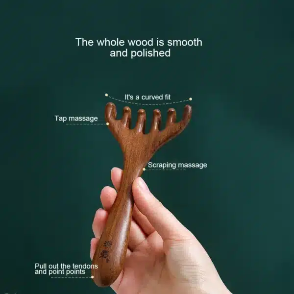 Natural Golden Sandalwood Five-Claw Scalp Massager Gua Sha Tool Back Scratcher Spa Handheld Meridian Massage Comb Hair Care 2
