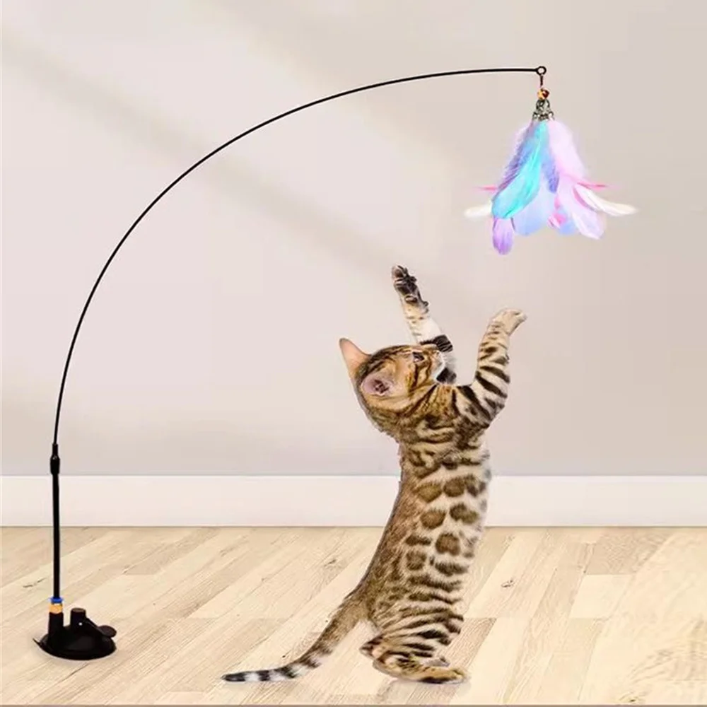 Cat Toy Teasing Cat Stick Interactive Toys Kitten Playing Feathers Wand With Bell Suction Cup Toy Play With Cat Pet Accesorios 1