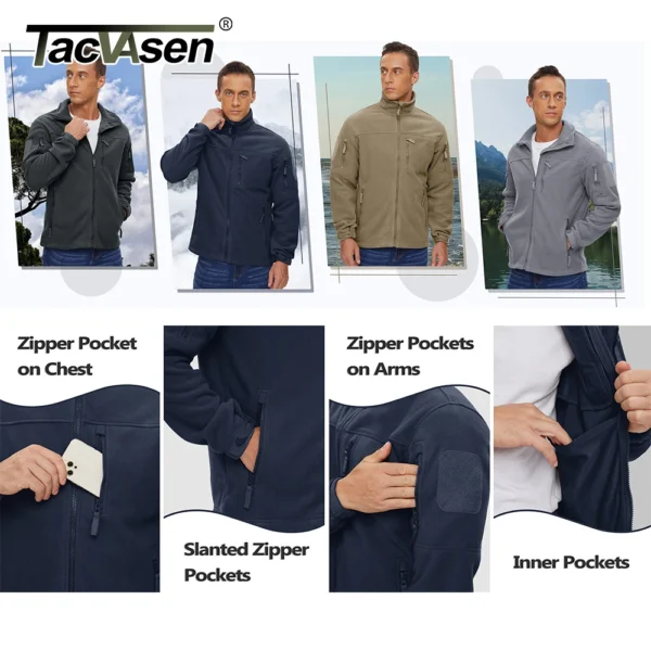 TACVASEN Full Zip Up Green Fleece Jacket Thermal Warm Work Coats Mens Zipper Pockets Jacket Hiking Training Outwear Windbreaker 3