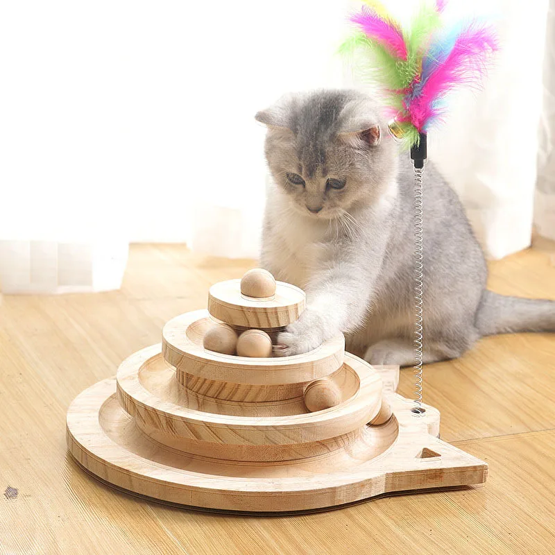 Wooden 2/3 Levels Pet cat Toy Tower Tracks Disc cat Intelligence Amusement Triple Play Disc Cat toys ball Training Toys 1