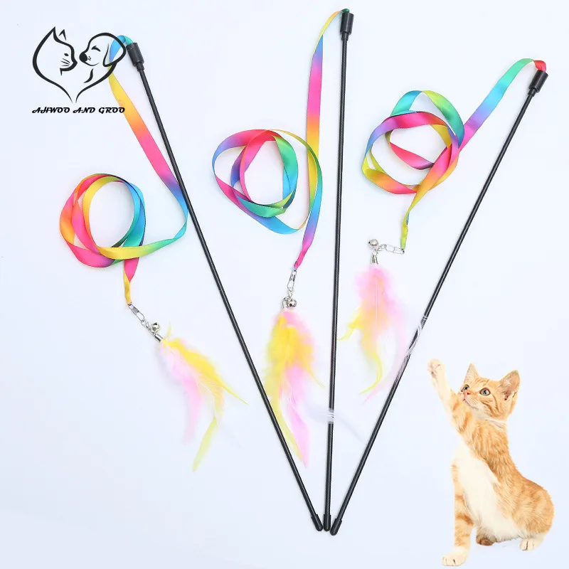 Simulation Feather Interactive Cat Toy Satin Ribbon Bell Cat Stick Toys Kitten Playing Teaser Wand Toy Cat Supplies Accessories 1