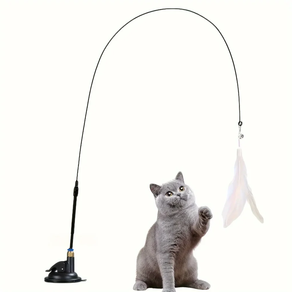 Cat Teaser Toy - Interactive Bell & Feather Wand - Long Suction Cup Pole for Exciting Playtime Adventures - Ultimate Cat Toy 1