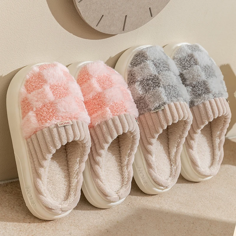 Fashion Couple Winter Toe Wrap Warm Plaid Cotton Slippers Thick Soft Sole Slides Men Women Indoor Floor Flat Home Non-slip Shoes 1