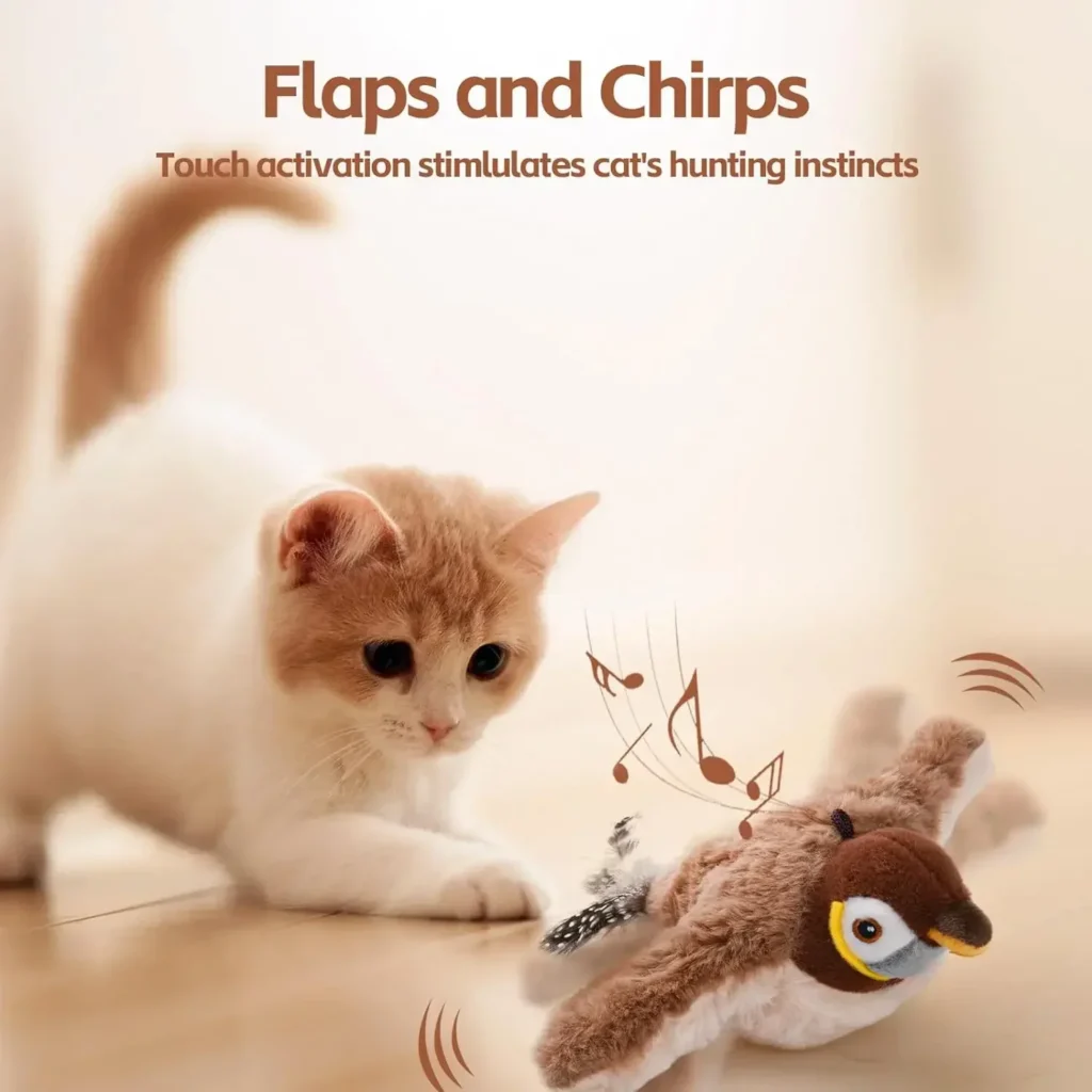 Interactive Cat Toys Rechargeable Electric Flapping Wings Bird Cat Toy Sound Chirping Bird Catnip Touch Activated Plush Toy 1