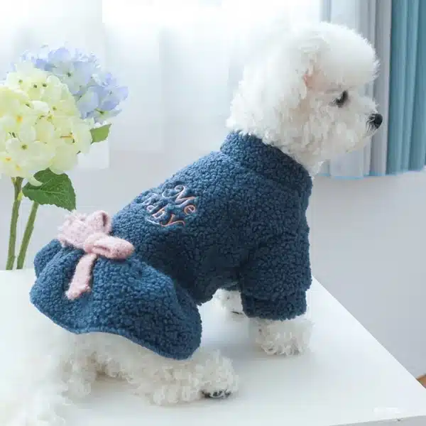 1PC Pet Apparel Cat Dog Autumn and Winter Plush Thickened Warm Blue Bow Princess Dress Suitable for Small and Medium sized Dogs 3