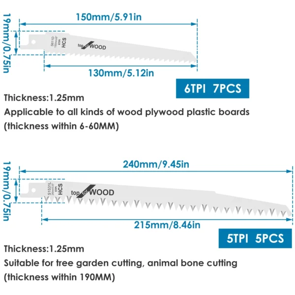 12Pcs Reciprocating Saw Blade 6/9In 6/5TPI Pruning Saw Blade Sharp Saw Blade Woodworking Tool for Cutting Wood Plywood Board 2