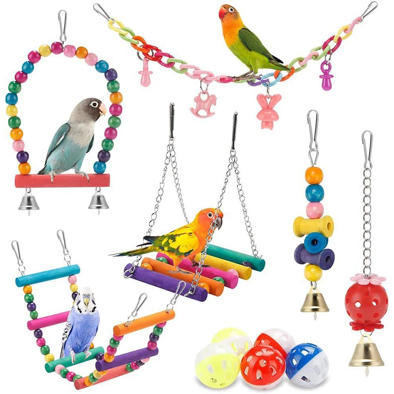 Bird Cage Toys for Parrots Wood Birds Swing Reliable Chewable Bite Bridge Wooden Beads Shape Parrot Toy 11pcs Bird Toys 1