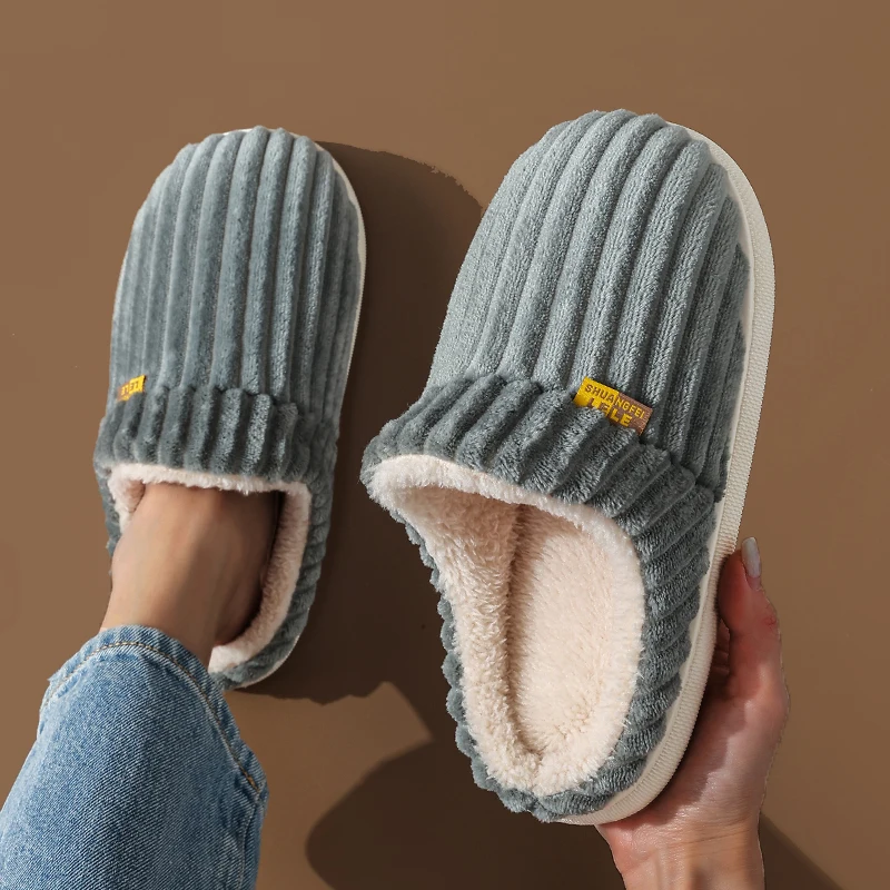 Winter Unisex Concise Solid Color Flat Plush Slippers Non-slip Warm Fluffy Mule Slides For Women Men Home Casual Cotton Shoes 1